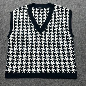 Talbots Sweater Vest Womens Petite Large Black White Houndstooth V Neck